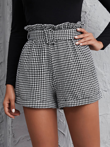 Paperbag Waist Houndstooth Cuffed Shorts