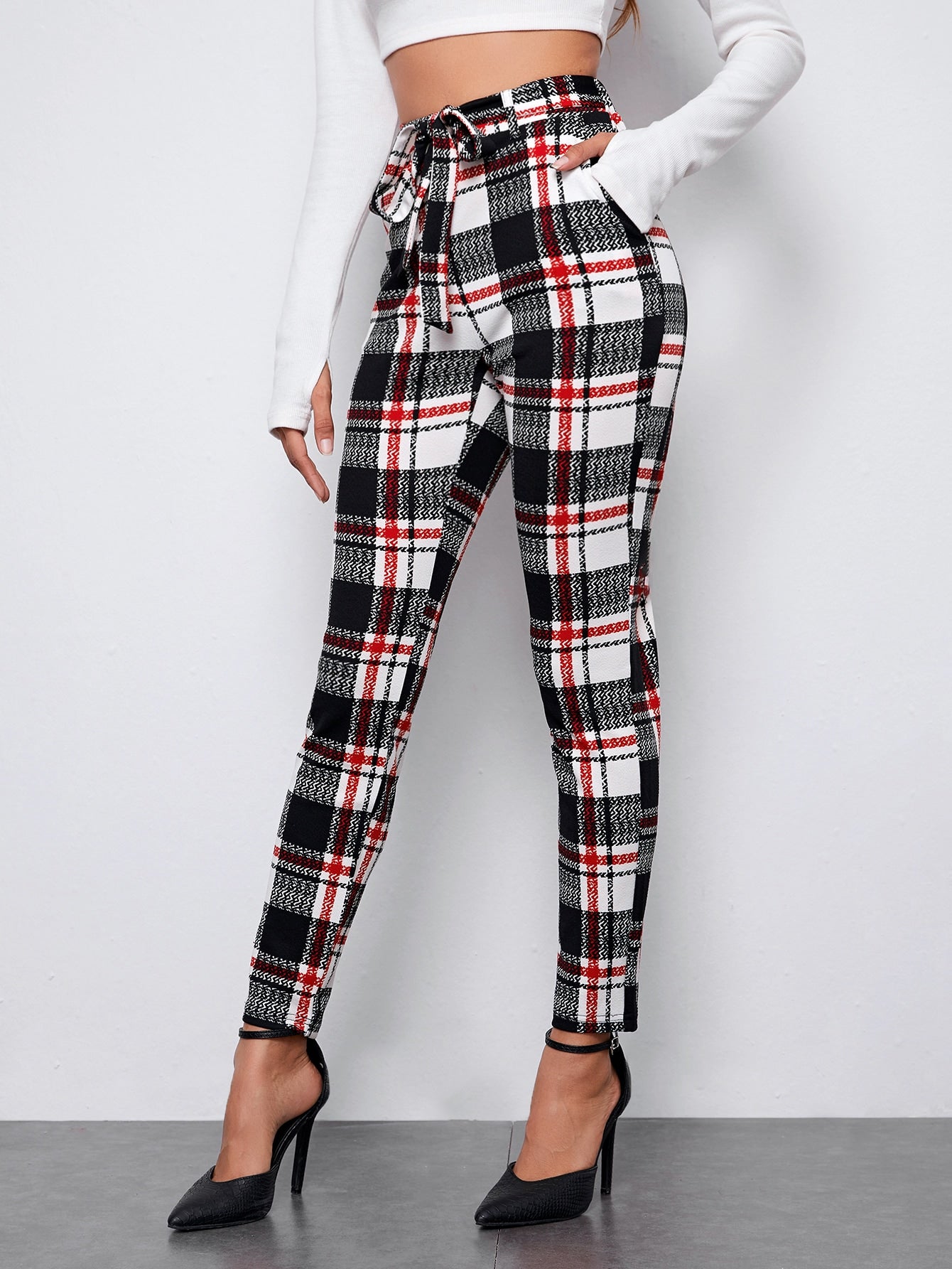 Self Belted Plaid Skinny Pants