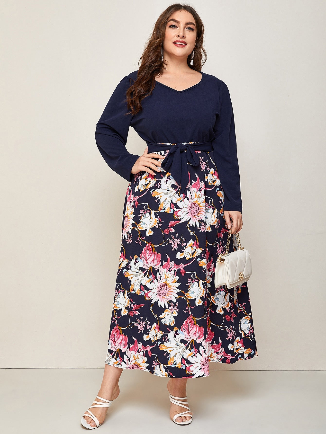 Plus Floral Print Combo A-line Dress