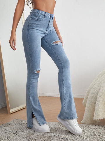 High Waist Ripped Flare Leg Jeans