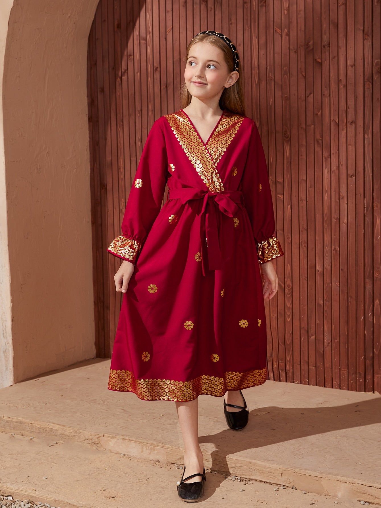 Tween Girl Gold Floral Print Wrap Belted Flounce Sleeve Dress