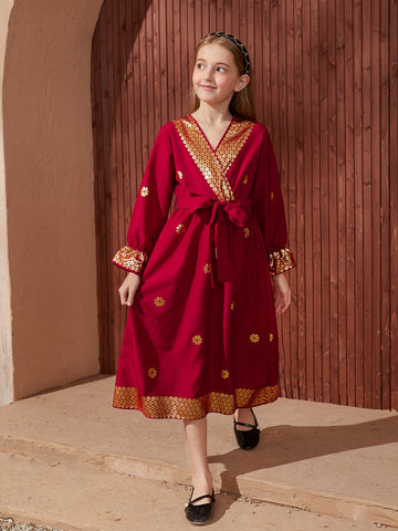 Tween Girl Gold Floral Print Wrap Belted Flounce Sleeve Dress