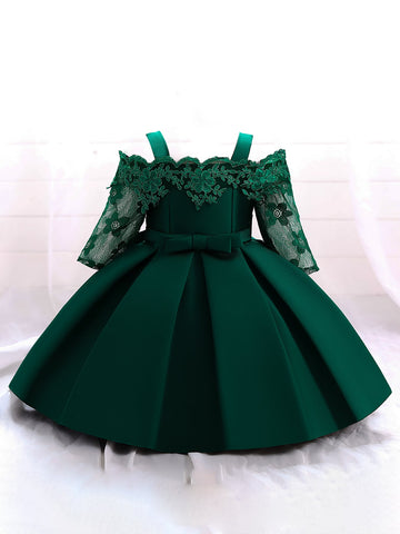 Young Girl Lace & Satin Solid Color Dress With Waist Bowknot Decoration, Great For Party Occasions
