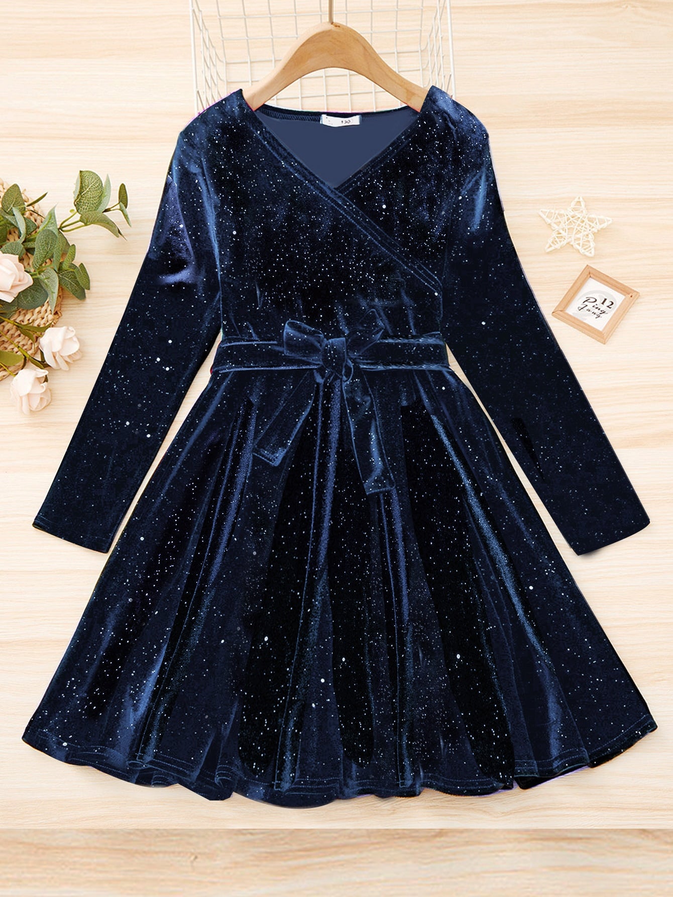 Tween Girl Glitter Velvet Belted Flared Dress