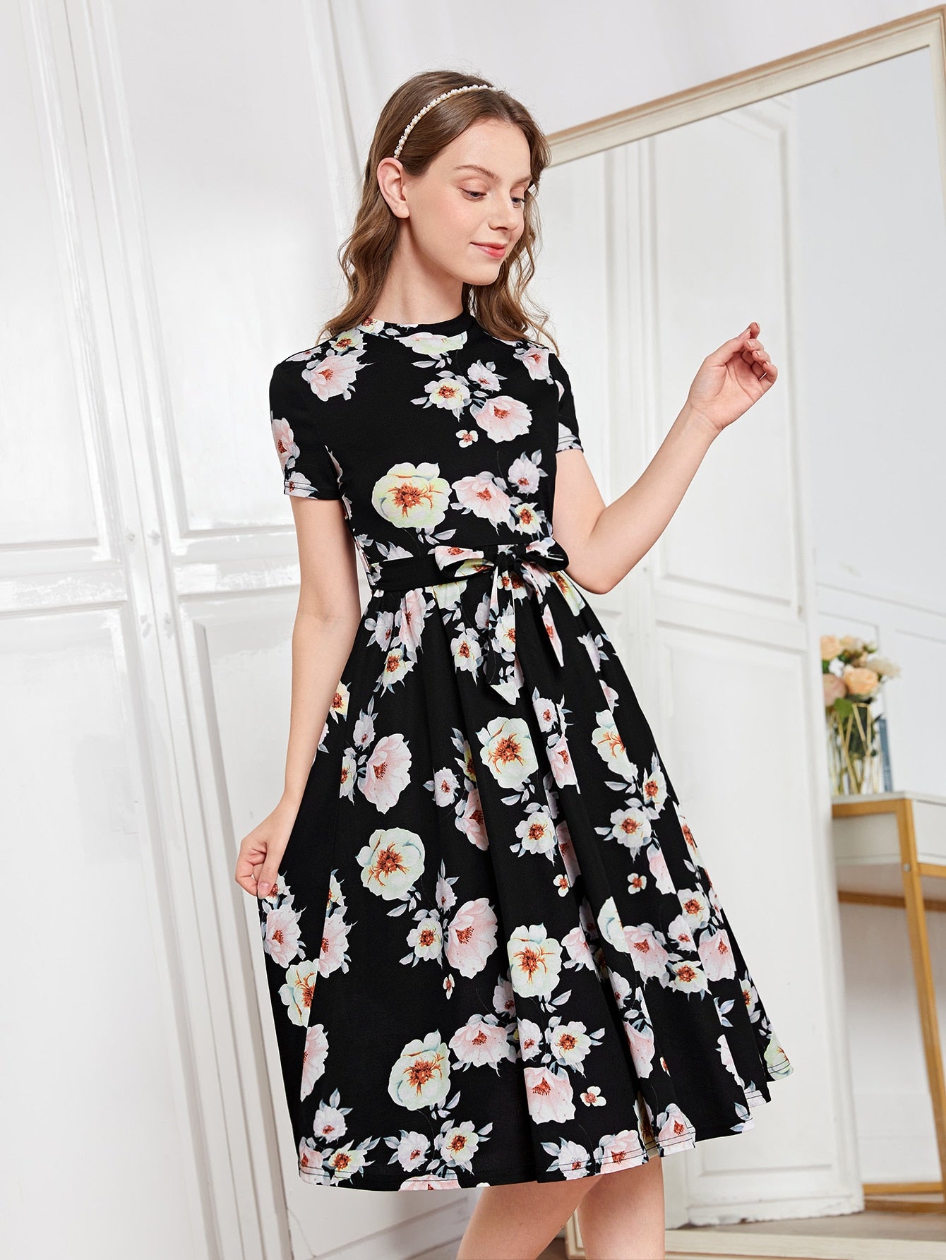 Teen Girl Floral Woven Knee-Length Dress Suitable For Summer