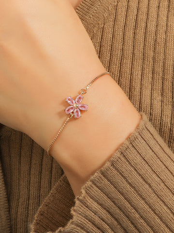 1pc Adjustable Copper Flower Design Inlaid Bracelet Suitable For Women's Daily Wear, Date, Party Occasions