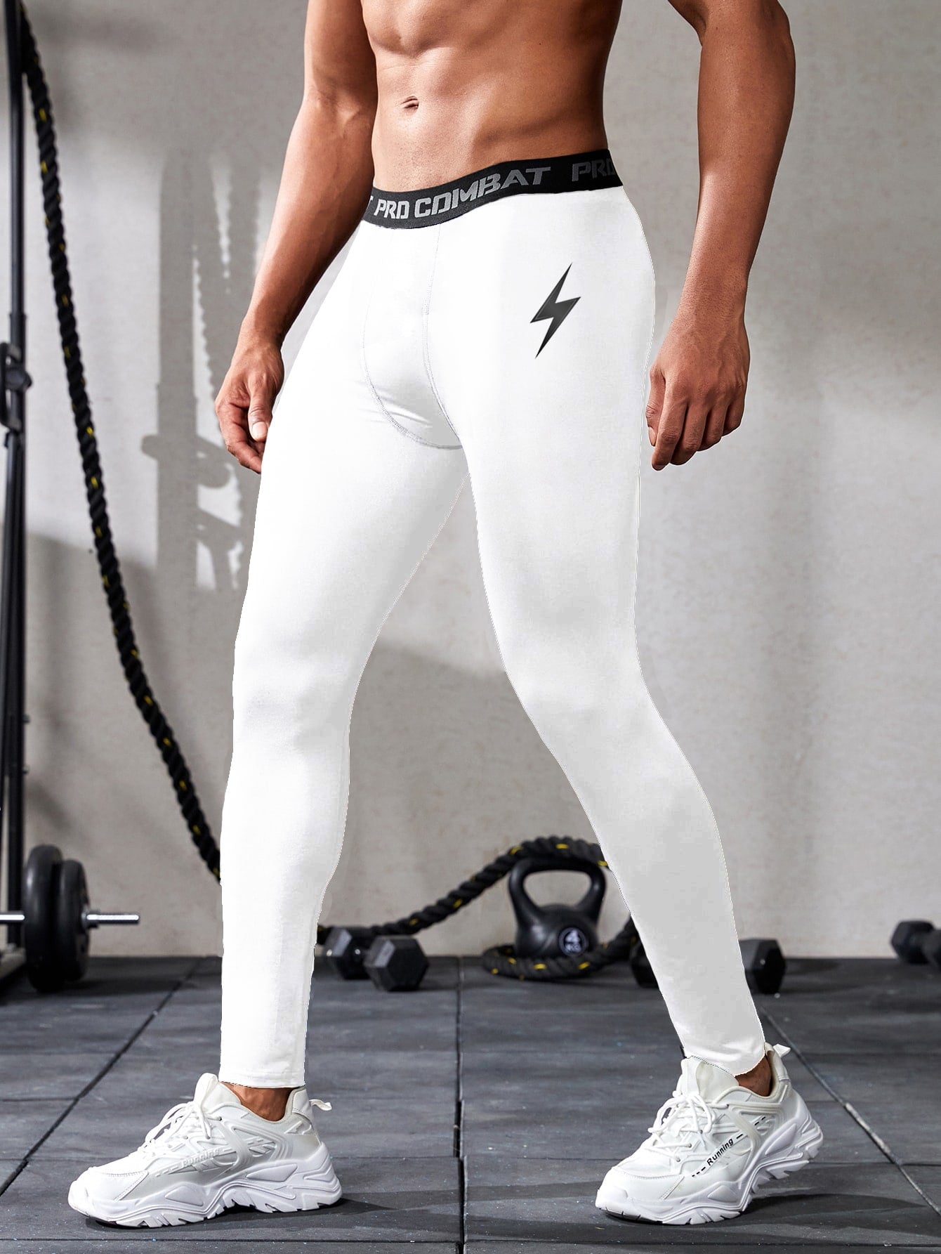 Men Lightning Print Contrast Letter Tape Sports Tights