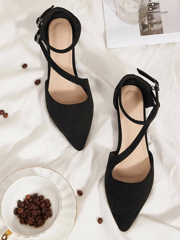 Women's Black Double Buckle Strap Flat Shoes Elegant Pointed Ankle Strap Women's Shoes Black Faux Suede Dance Shoes Spring Summer Comfortable Breathable Women's Shoes Black Shoes