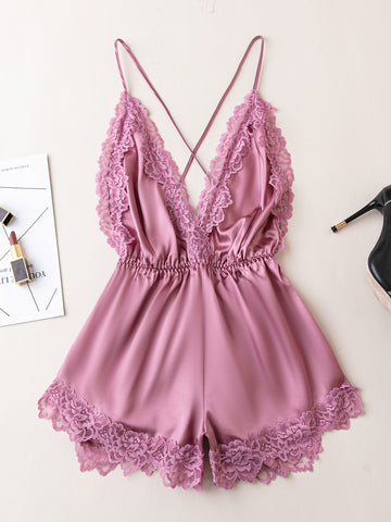 Contrast Lace Criss Cross Backless Satin Cami Romper