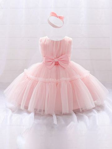 Young Girl Solid Color Mesh Spliced Dress With Waist Bowknot Decoration, Cute And Elegant, Comes With Hair Accessory