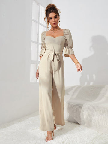 Flounce Sleeve Bustier Belted Wide Leg Jumpsuit