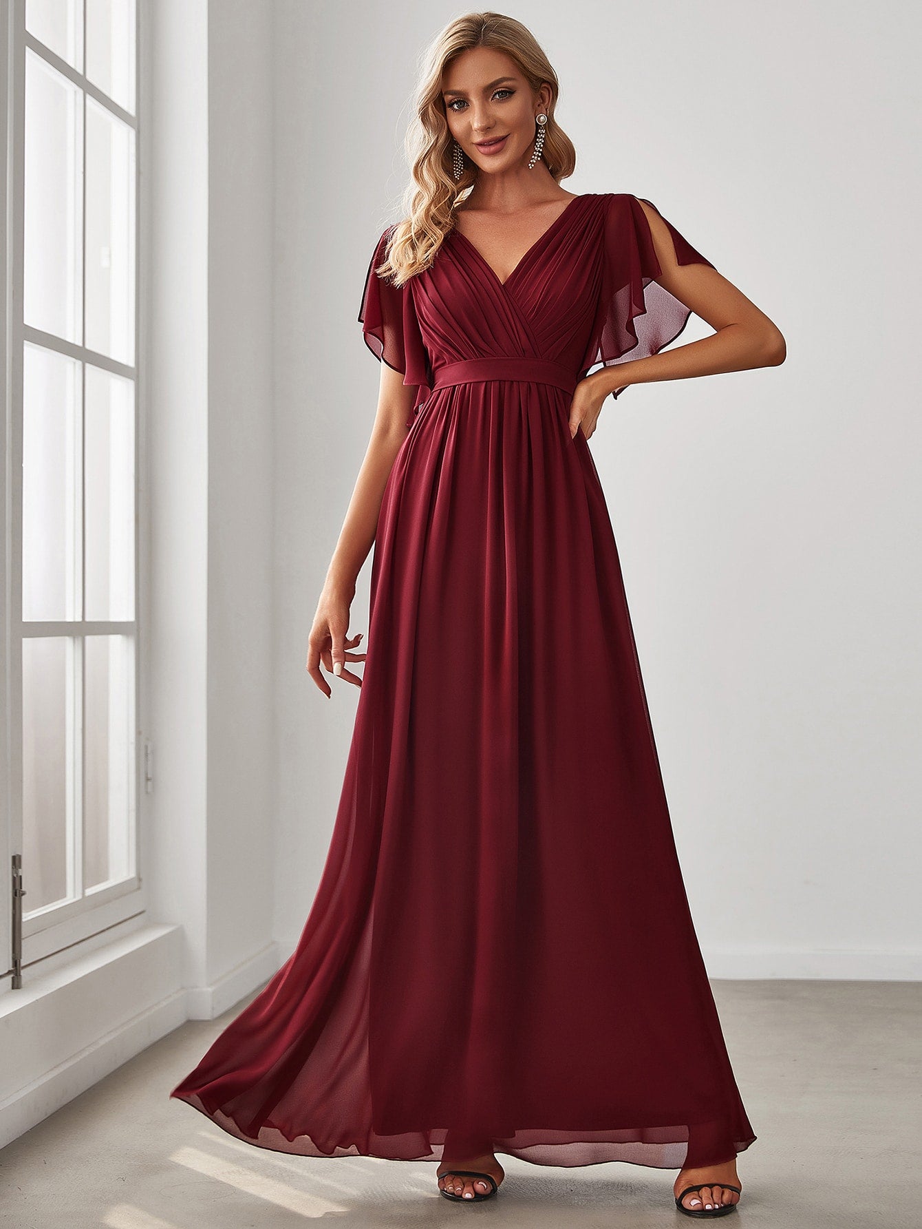 EVER-PRETTY Ruched Split Sleeve Chiffon Bridesmaid Dress