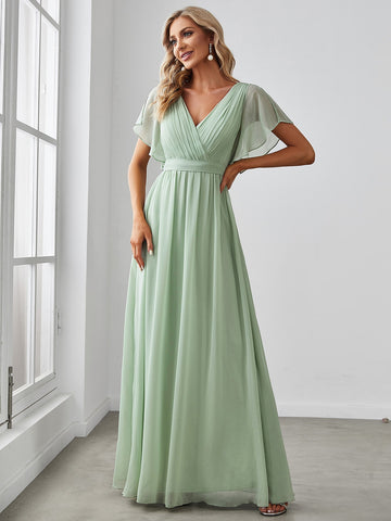 EVER-PRETTY Butterfly Sleeve Tie Back Ruched Chiffon Bridesmaid Dress