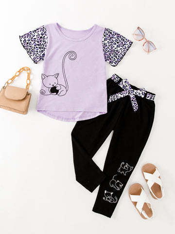 Young Girl Leopard & Cartoon Graphic High Low Hem Tee & Belted Pants