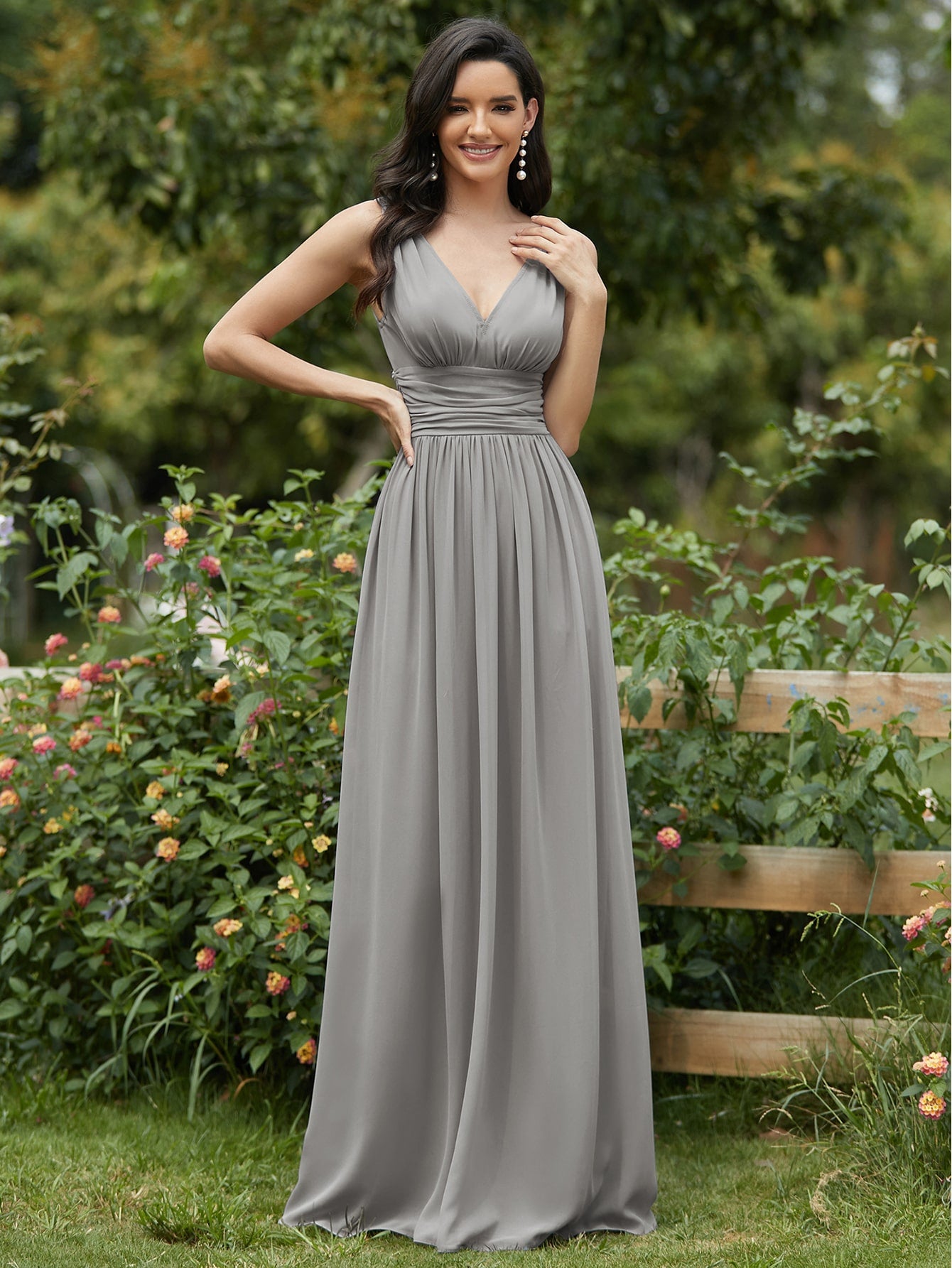 EVER-PRETTY Double V Neck Ruched Waist Prom Dress