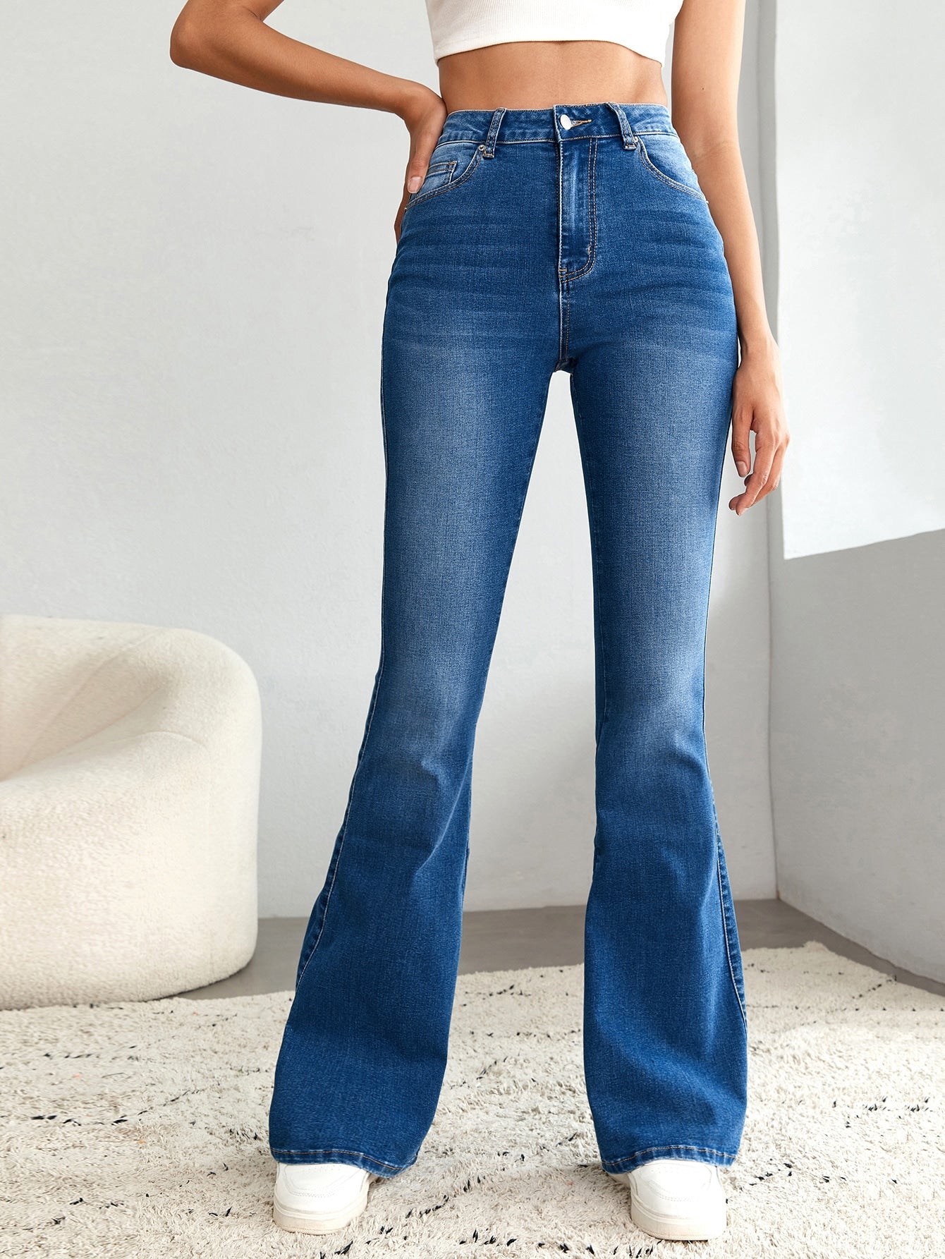 High Waist Bleach Wash Flare Leg Jeans