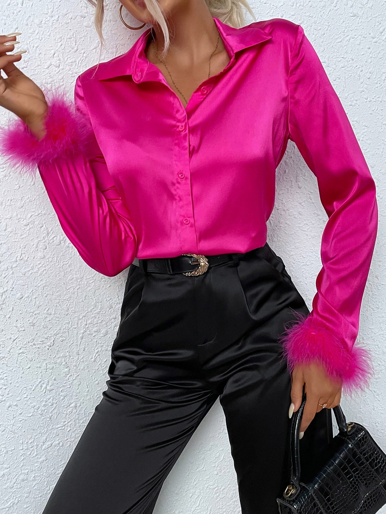 Fuzzy Cuff Satin Shirt