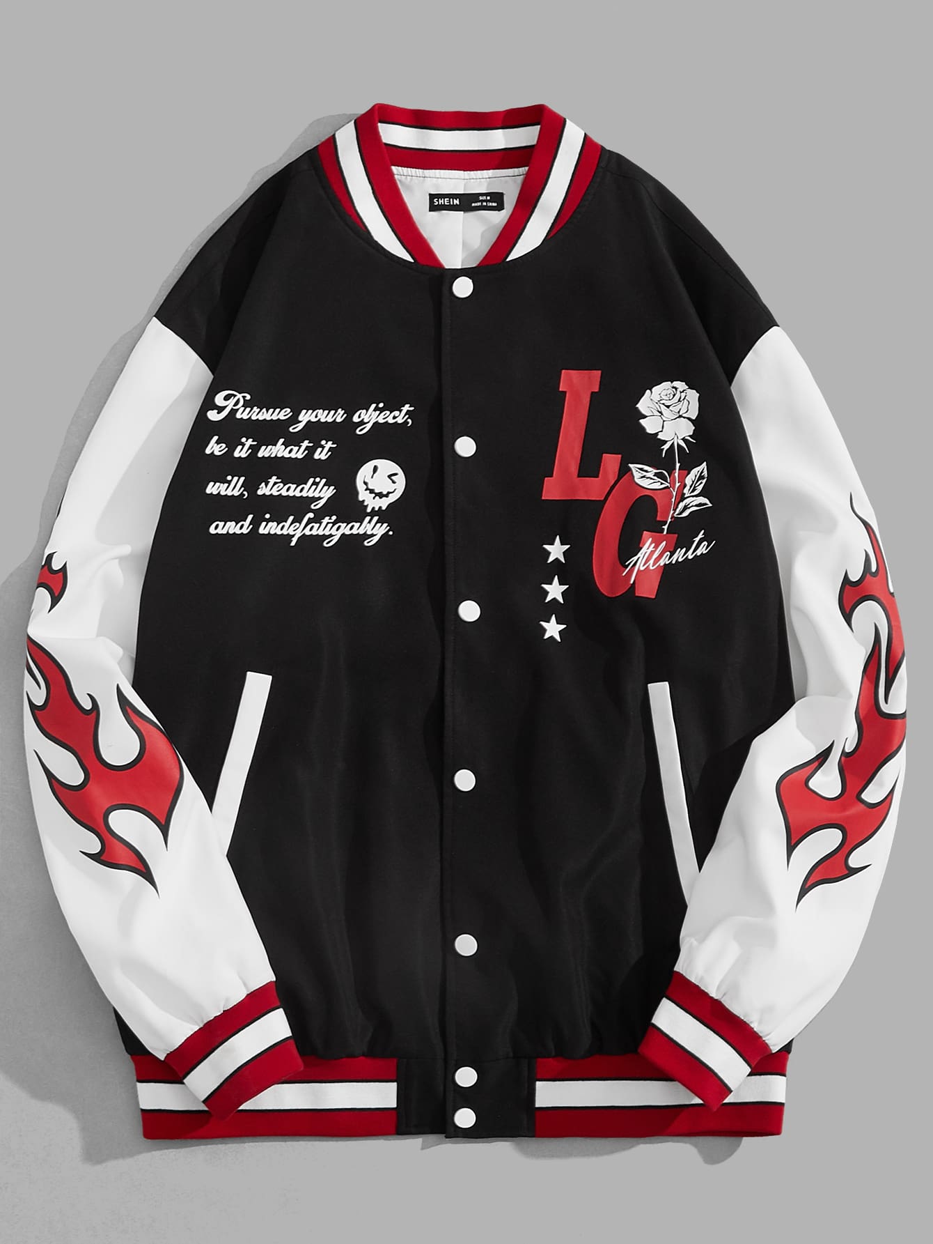 Men's Spring/Fall Casual Oversized Contrast Color Blocking Rose & Slogan Graphic Varsity Jacket