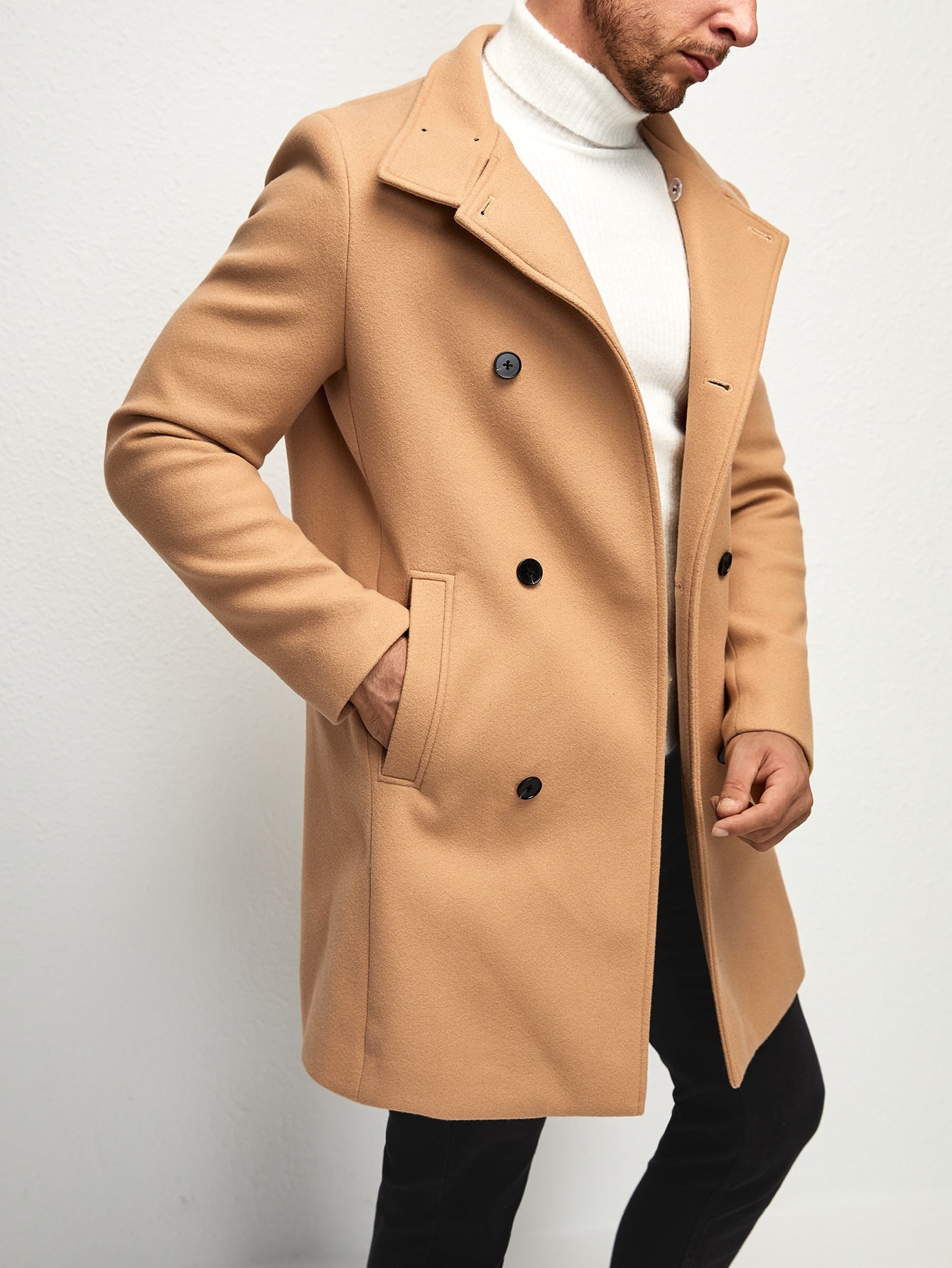 Men Double Breasted Slant Pocket Overcoat