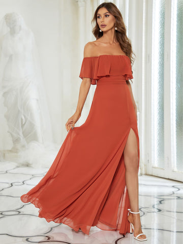 EVER-PRETTY Solid Split Thigh Ruffle Trim Off Shoulder Dress