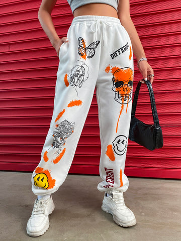 Skull & Letter Graphic Drawstring Waist Sweatpants