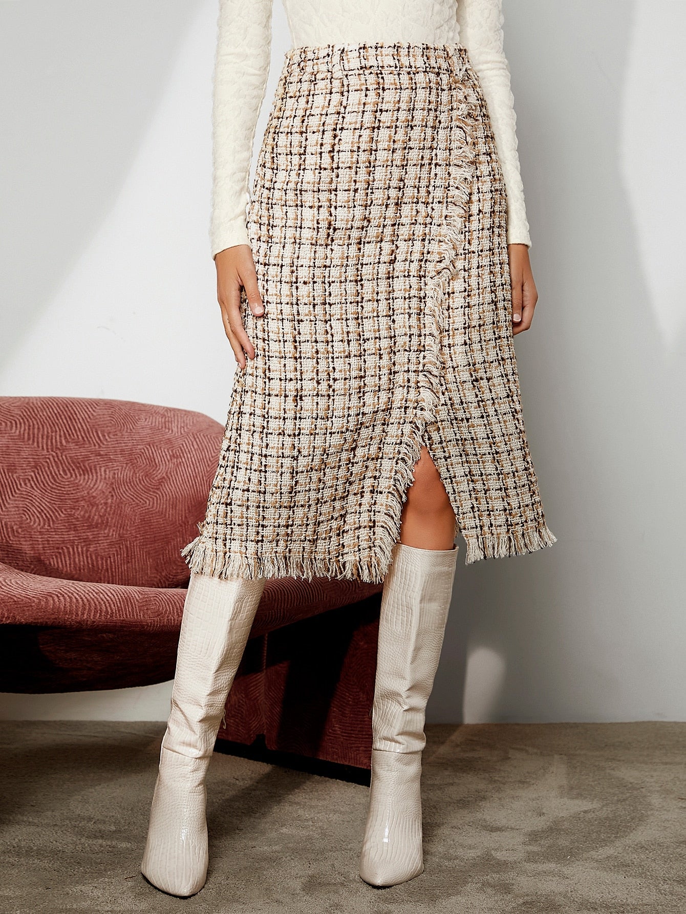 High Waist Plaid Raw Trim Split Hem Tweed Skirt Workwear