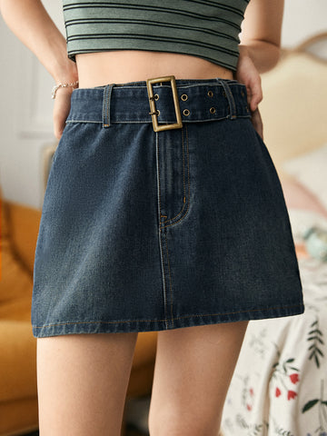 Belted Straight Denim Skirt