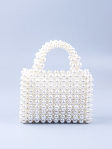 Argyle Princess Faux Pearl & Rhinestone Beaded Pearl Bag Mini Faux Pearl Design Satchel Bag For Party, Wedding, Prom and Dinner, Lipsticks, Women's Pearl Bag