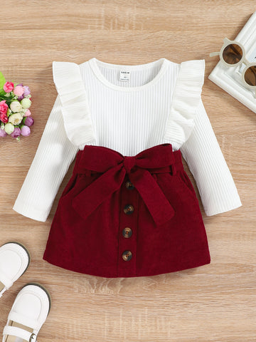 Baby Girl Ruffle Trim Tee & Corduroy Belted Skirt