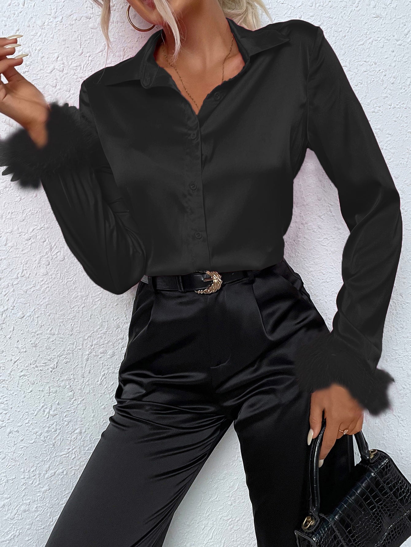 Fuzzy Cuff Satin Shirt