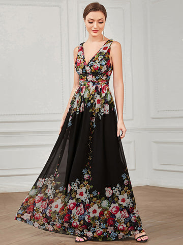 EVER-PRETTY Double V Neck Floral Print Formal Evening Gown