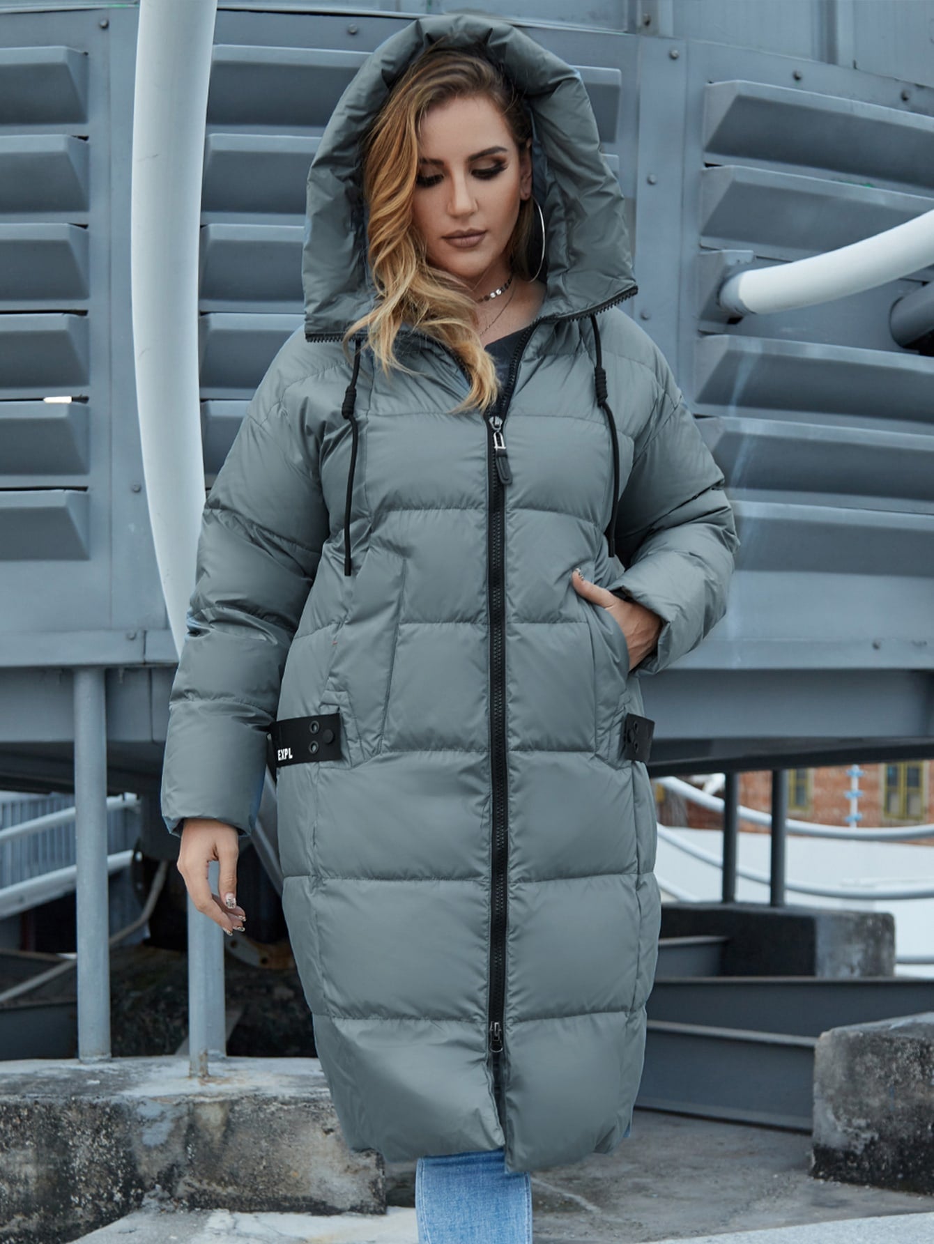 Plus Zip Up Slant Pocket Hooded Puffer Coat