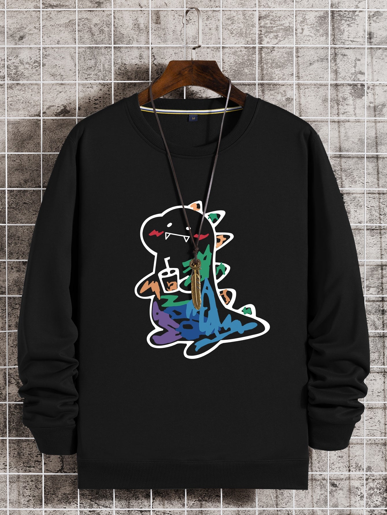 Men Round Neck Cartoon Dinosaur Graphic Pullover