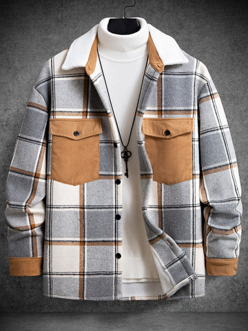 Loose Fit Men's Plaid Pattern Overcoat With Flap Pockets And Drop Shoulders