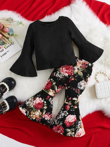 Baby Girl Flounce Sleeve Tee & Floral Print Flare Leg Pants