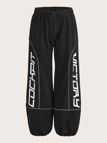 Bikercore Letter Graphic Contrast Reflective Binding Drop Waist Parachute Sweatpants