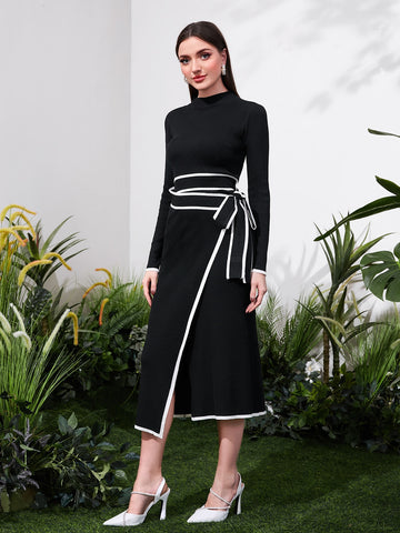 Contrast Binding Belted Sweater Dress