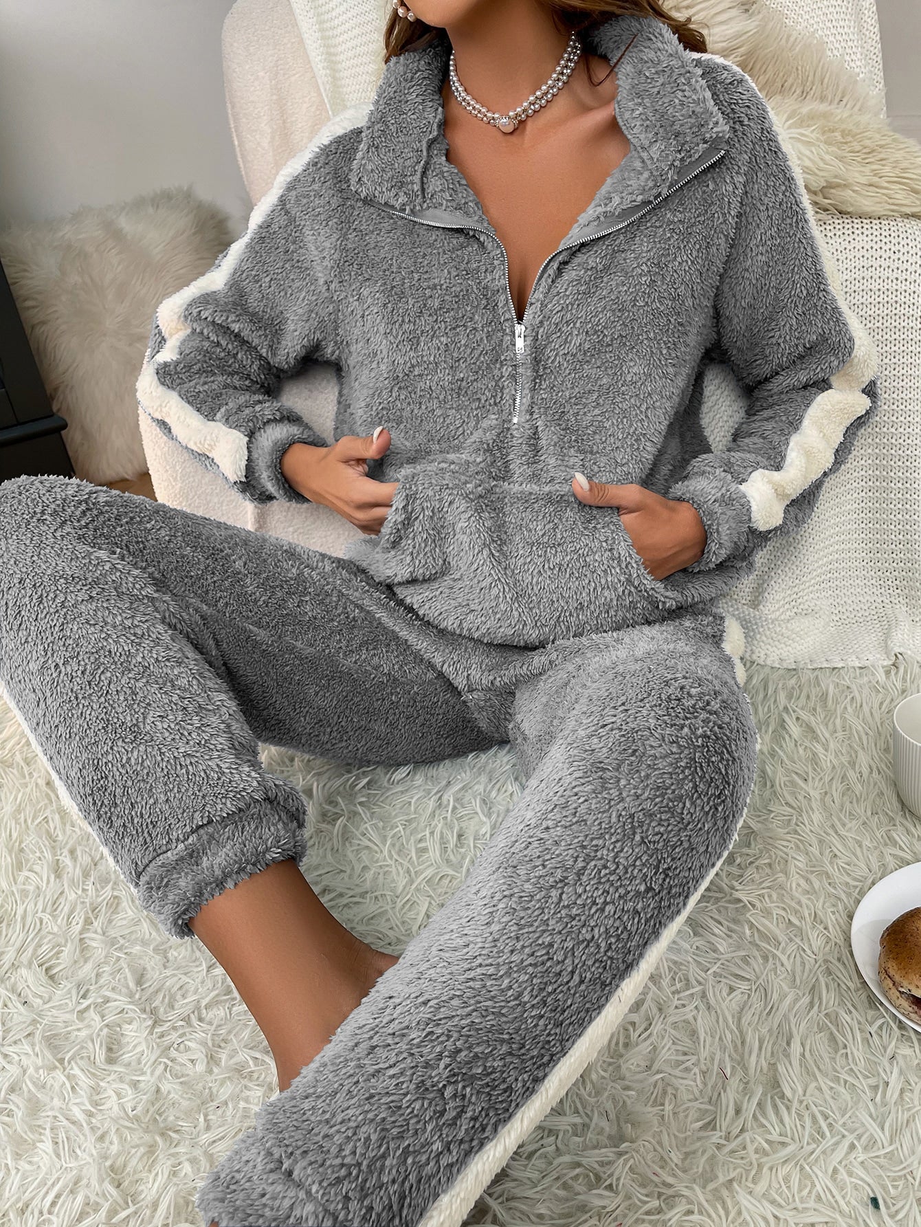 Contrast Side Seam Half Zip Flannel Top & Pants Lounge Set