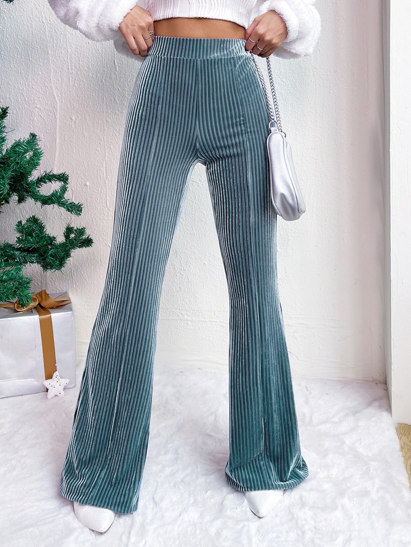 High Waist Velvet Flare Leg Pants