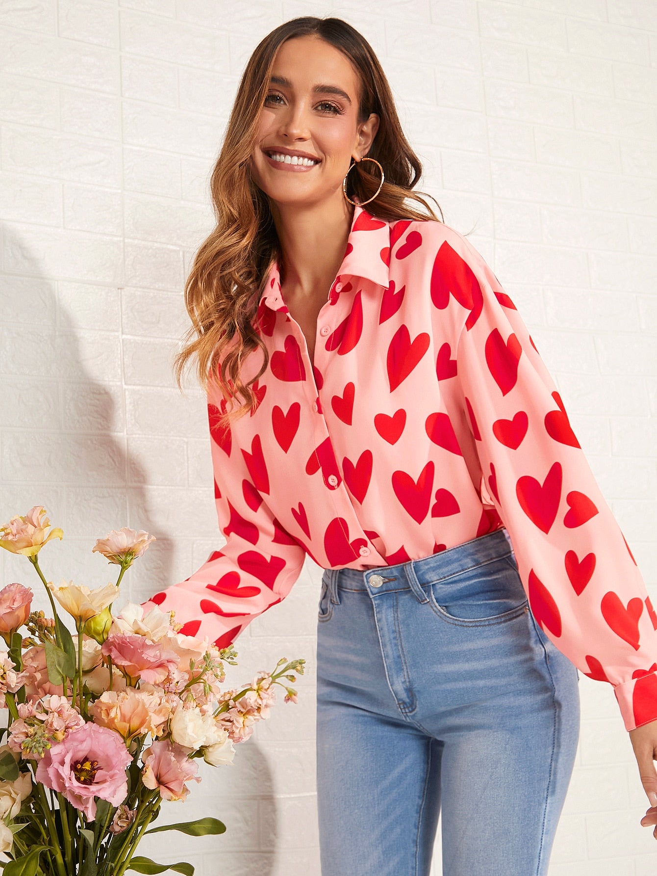 Heart Print Drop Shoulder Shirt Pink Top