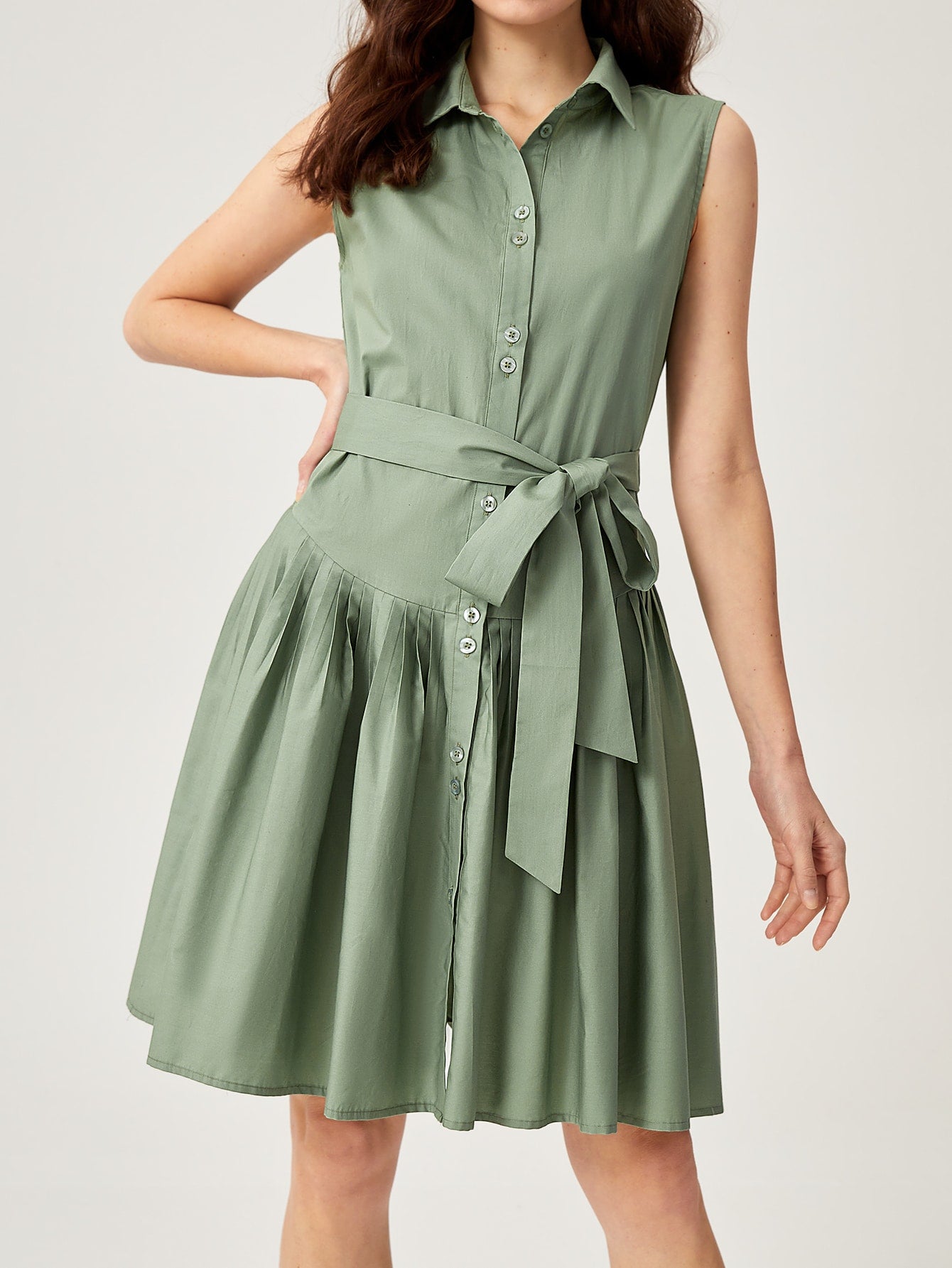 Solid Button Front Belted Dress Workwear