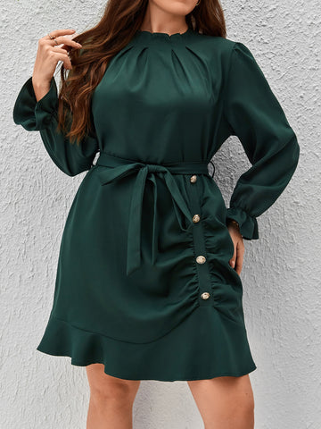 Plus Flounce Sleeve Ruffle Hem Belted Dress