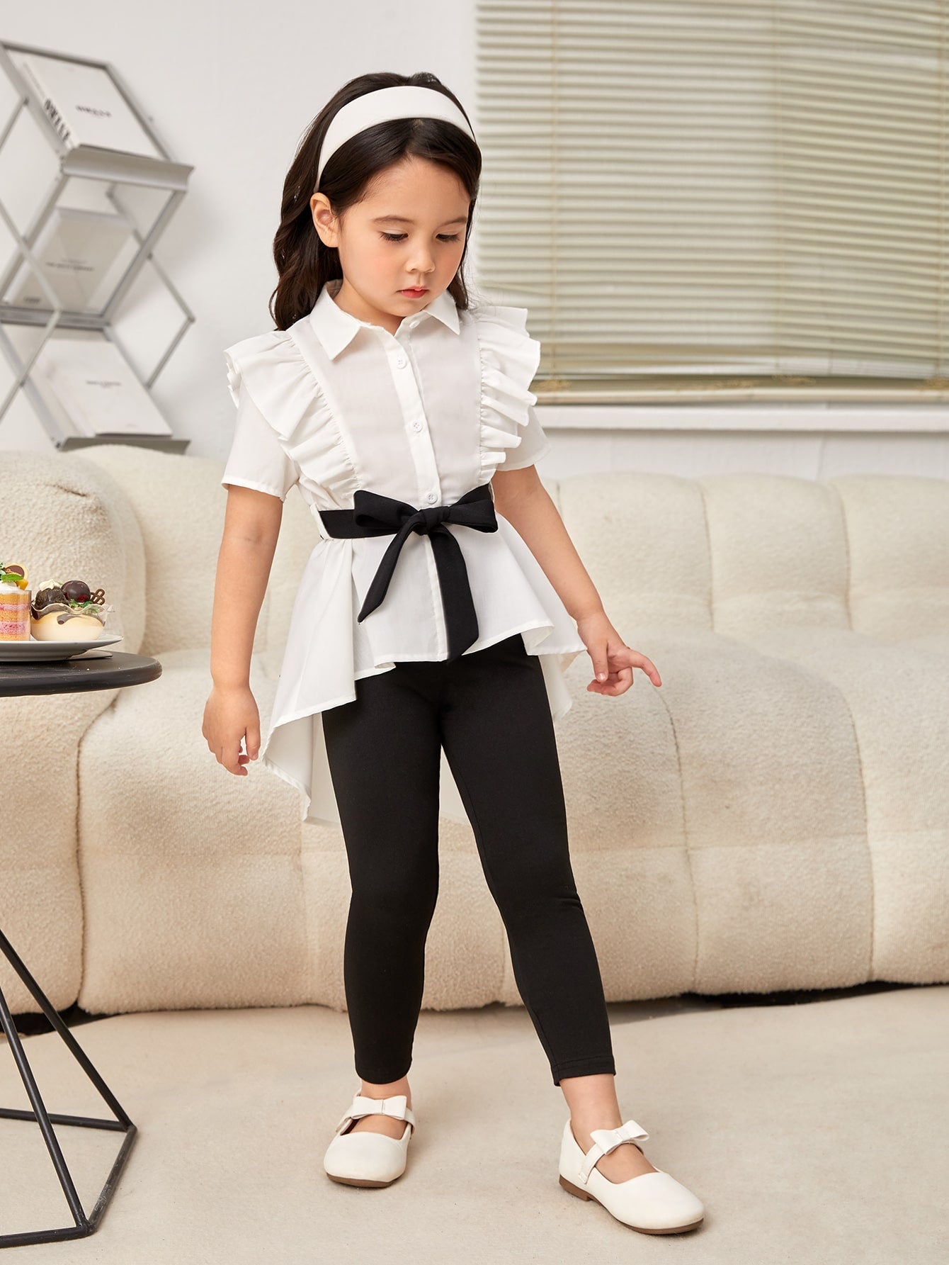 Young Girl Ruffle Trim High Low Hem Belted Shirt & Leggings