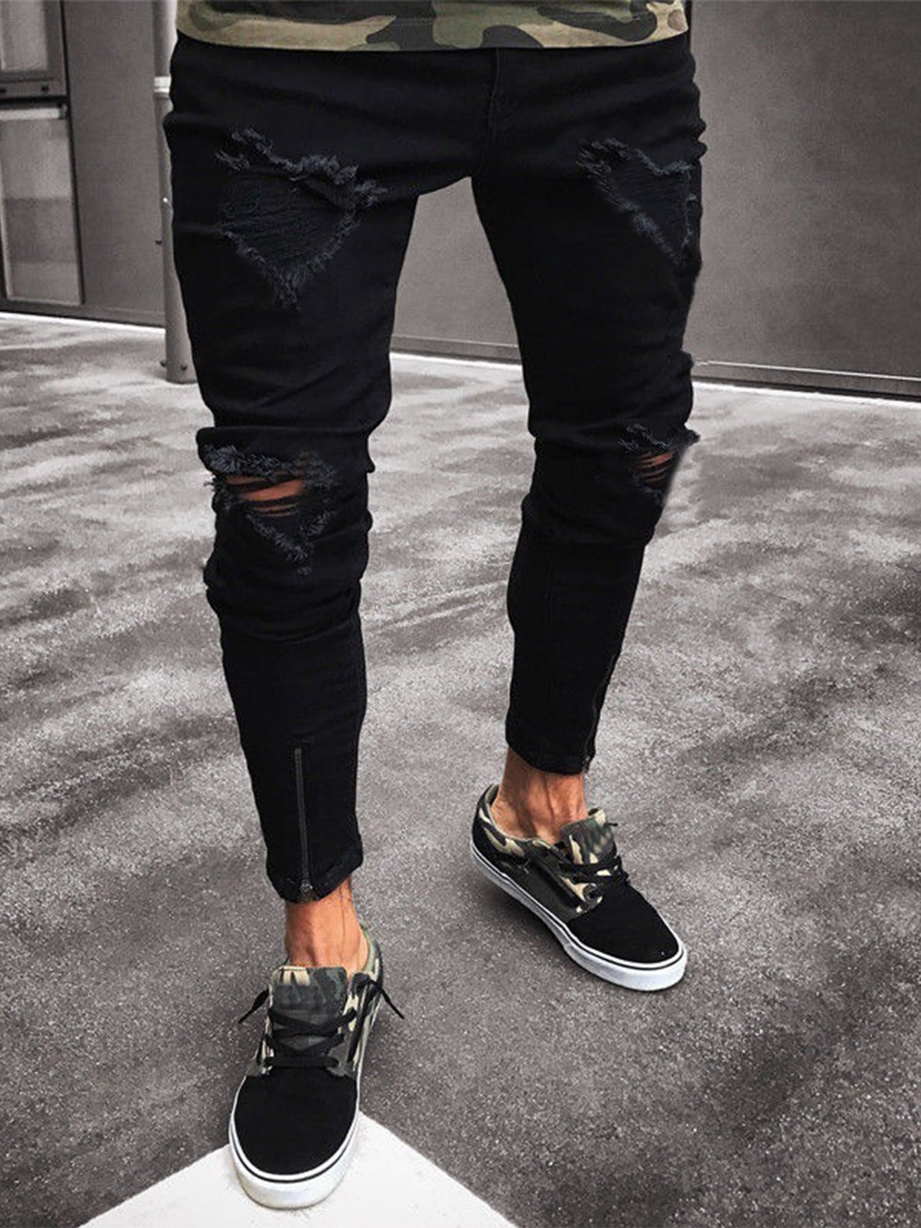 Men Cotton Ripped Zip Hem Slim Jeans