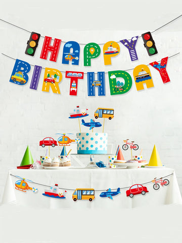 21pcs Happy Birthday Transportation Theme Party Flag Banner