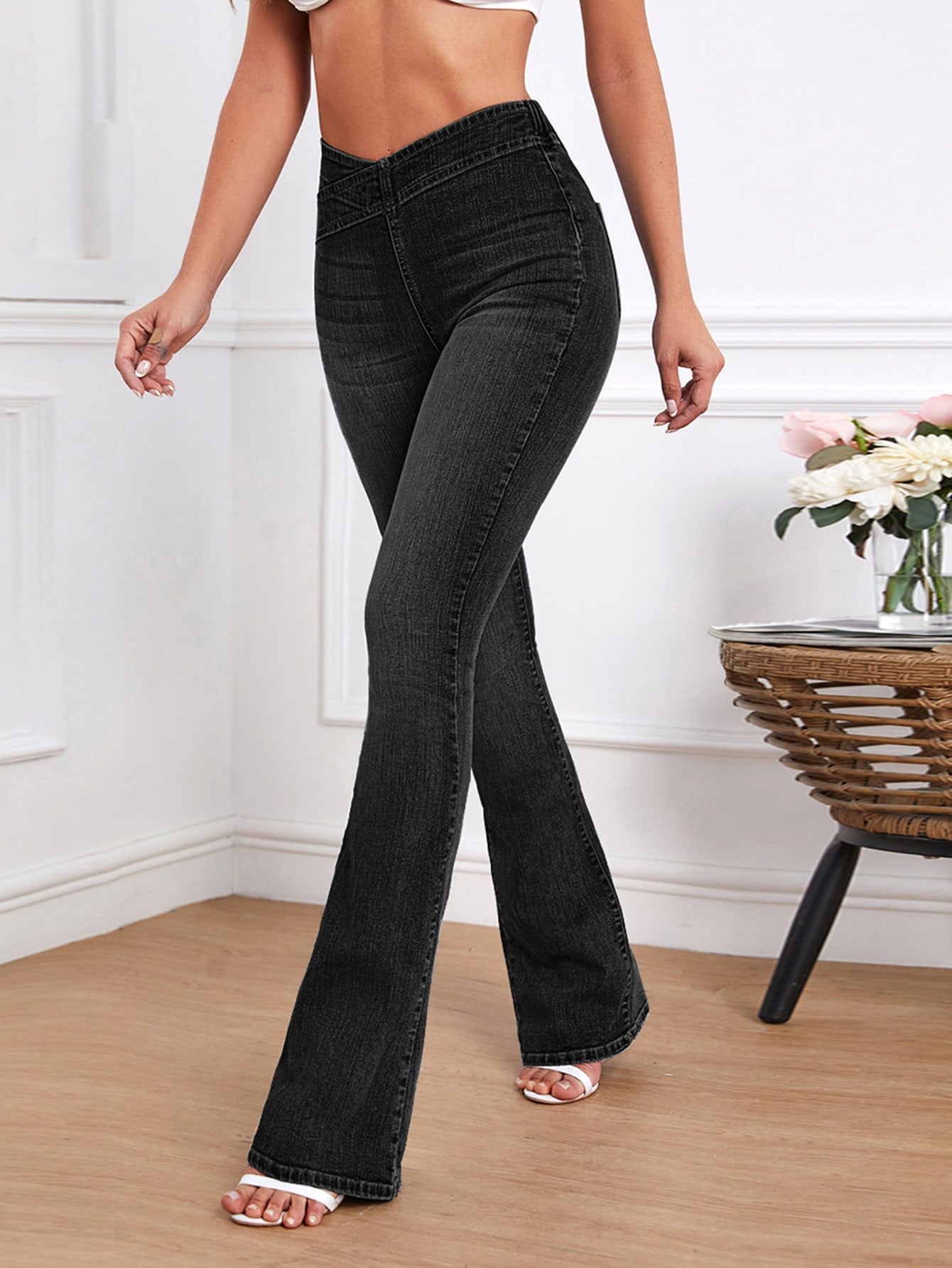 Elastic Waist Flare Leg Jeans