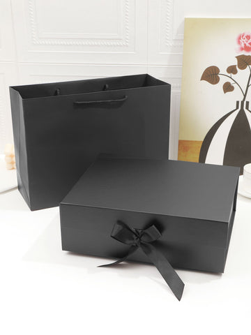 1pc Paper Gift Box & 1pc Gift Bag, Minimalist Black Foldable Gift Packaging Box For Party