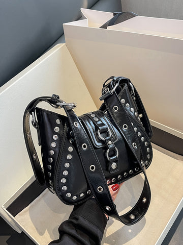 Funky Punk Style Steampunk Gothic Style Y2K Stylish Novelty Studded Decor Underarm Bag, Punk Motorcycle Fashion Zipper Hobo Handbag, Minimalist Chain French Style Shoulder Bag With Adjustable Strap For Party, Music Festival With Metal &Studded Decor For T