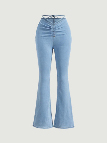 Drawstring Waist Ruched Flare Leg Jeans