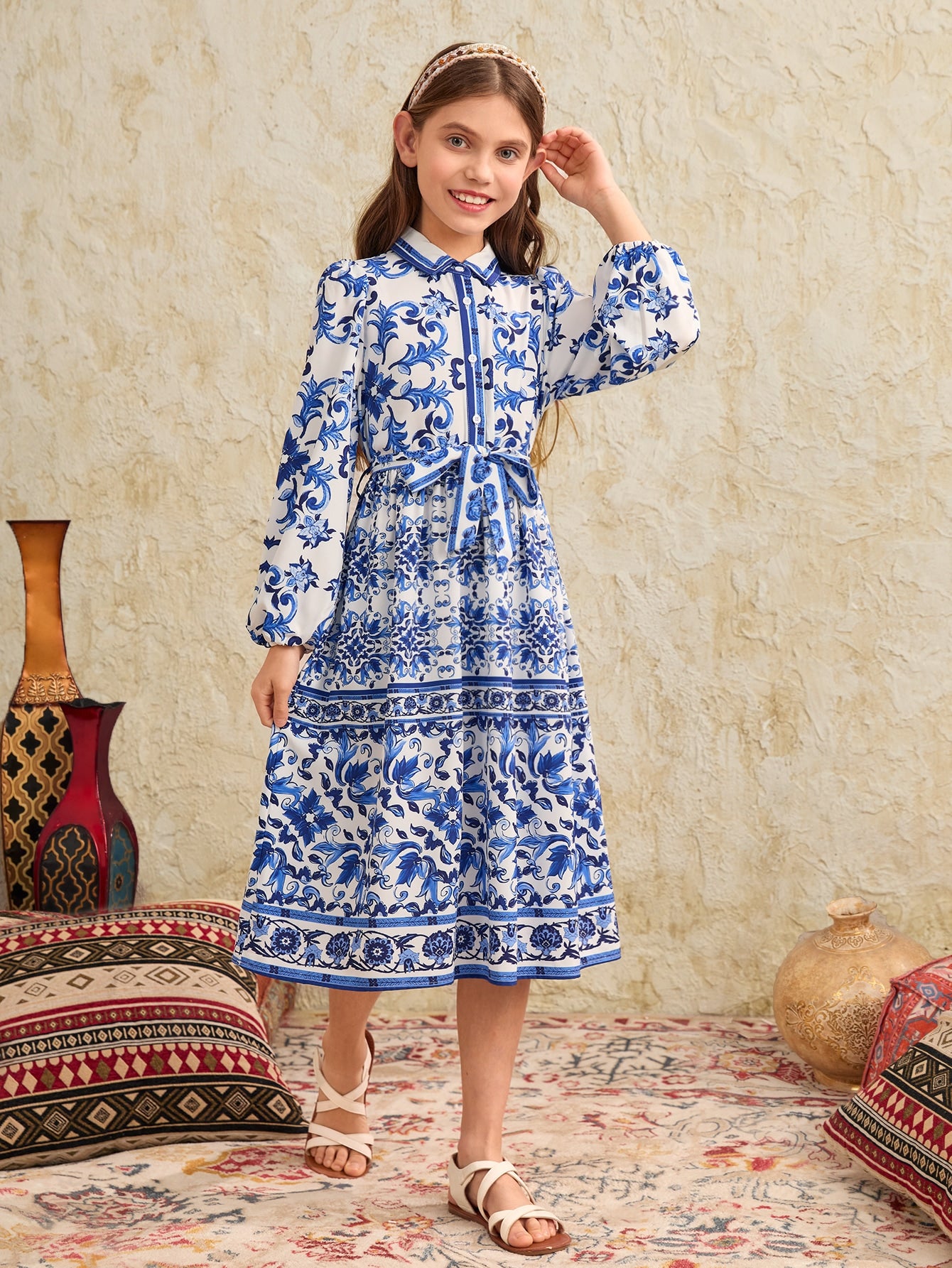 Tween Girl 1pc Floral Print Lantern Sleeve Belted Dress